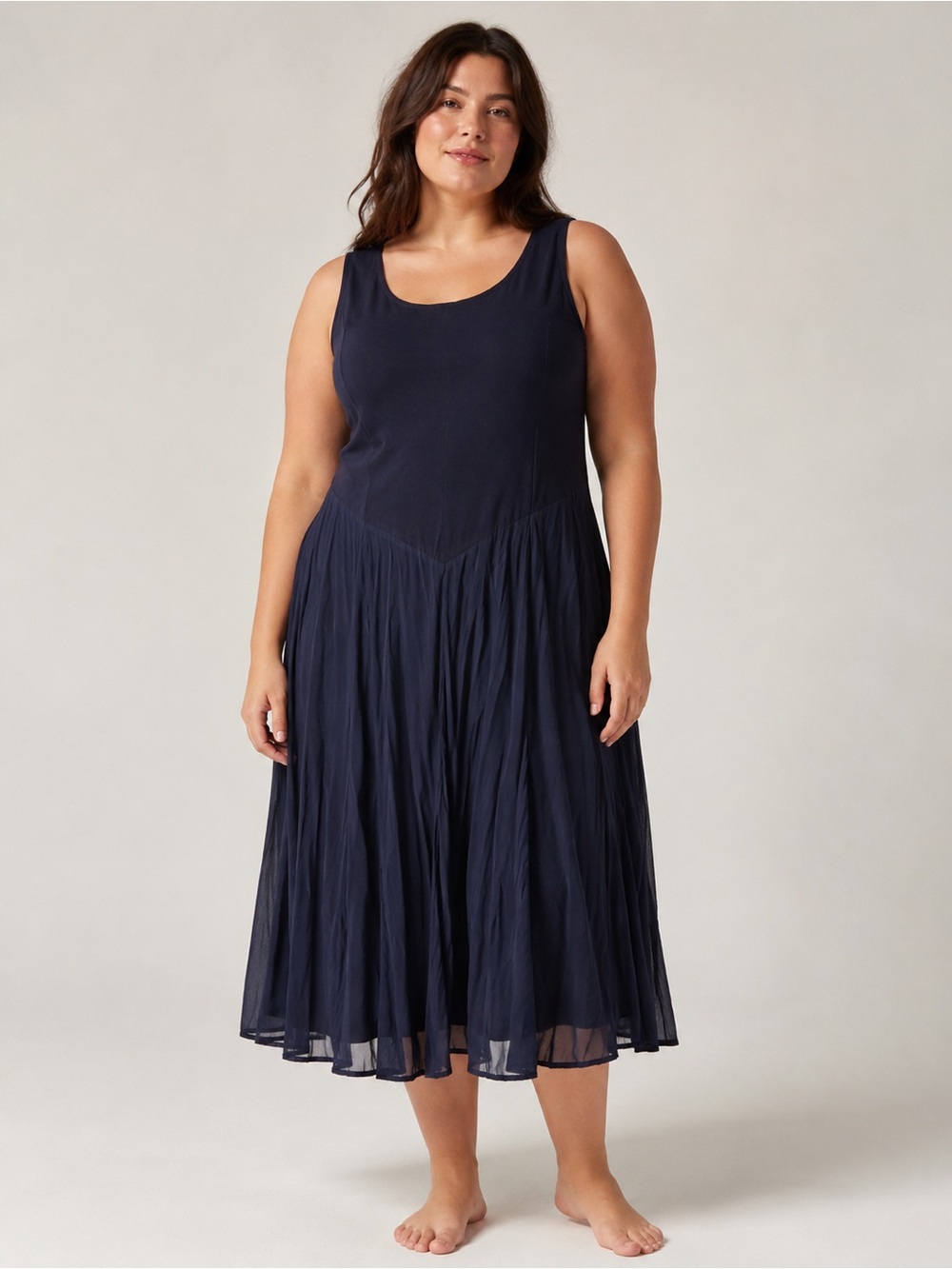 Women’s Navy Sleeveless Midi Dress - Elegant A-Line